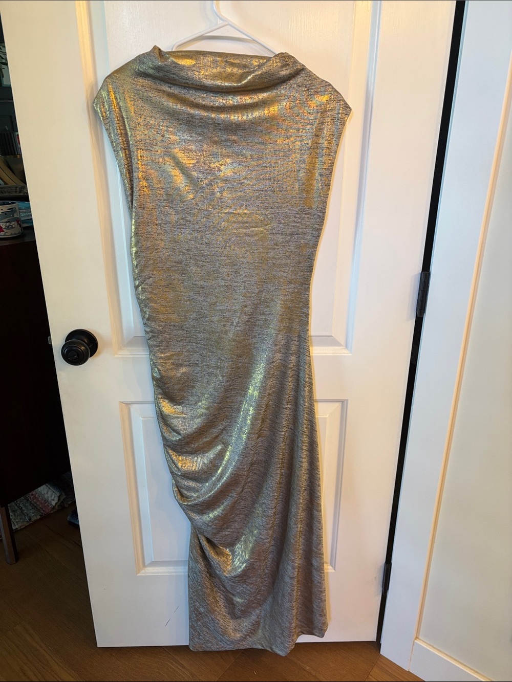 Anthropologie Metallic Gold Ruched Maxi Dress - Picture 6 of 9